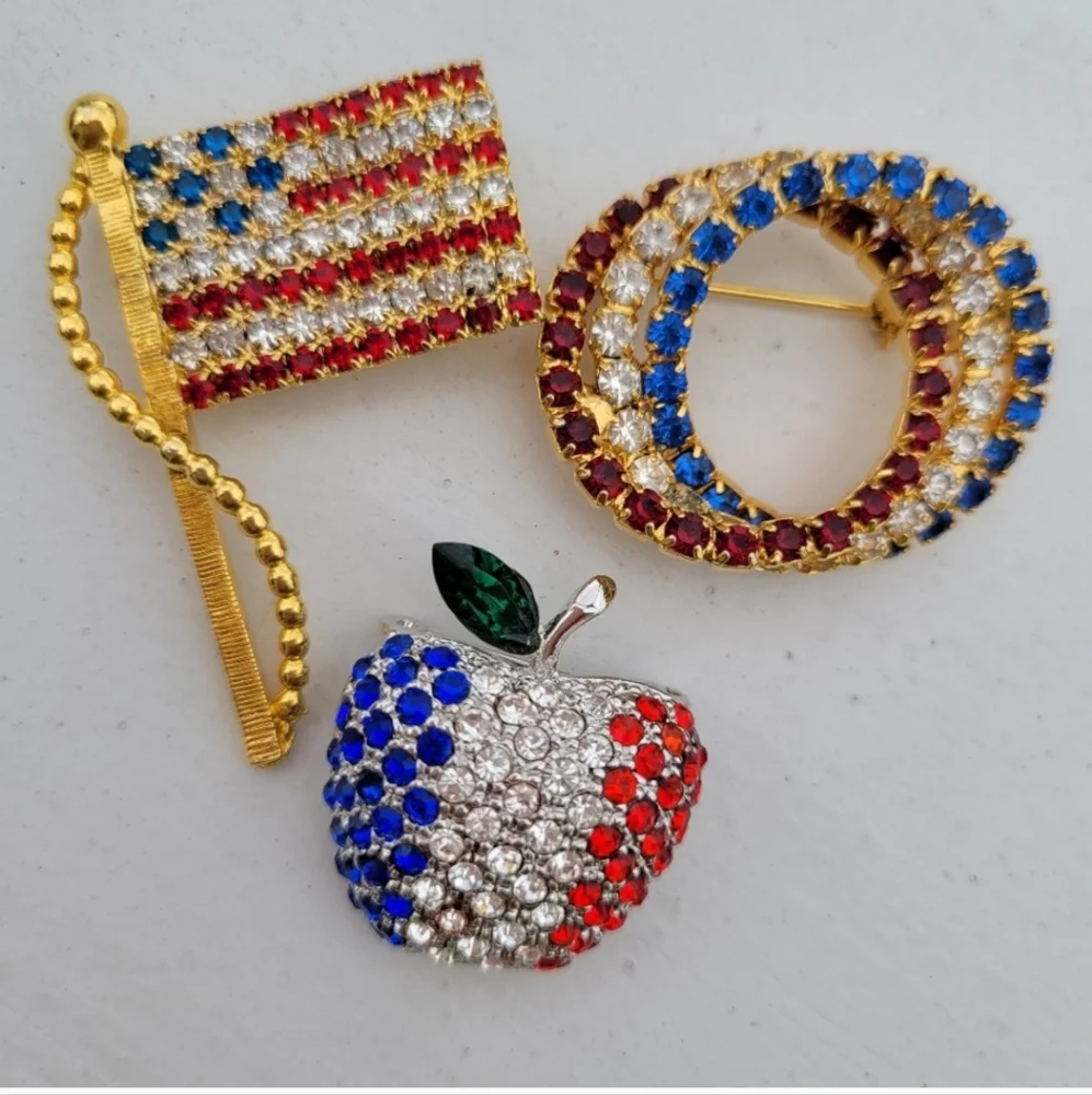 Patriotic Brooch Trio ~ Red, White & Blue ~ Flag, Apple, Circles ~ July 4th ~ US